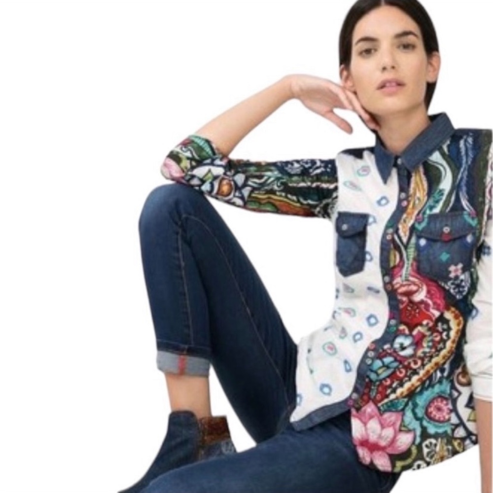 - Desiguel Mauricio Artsy Long Sleeve Multicolored Embroidered Button Down…